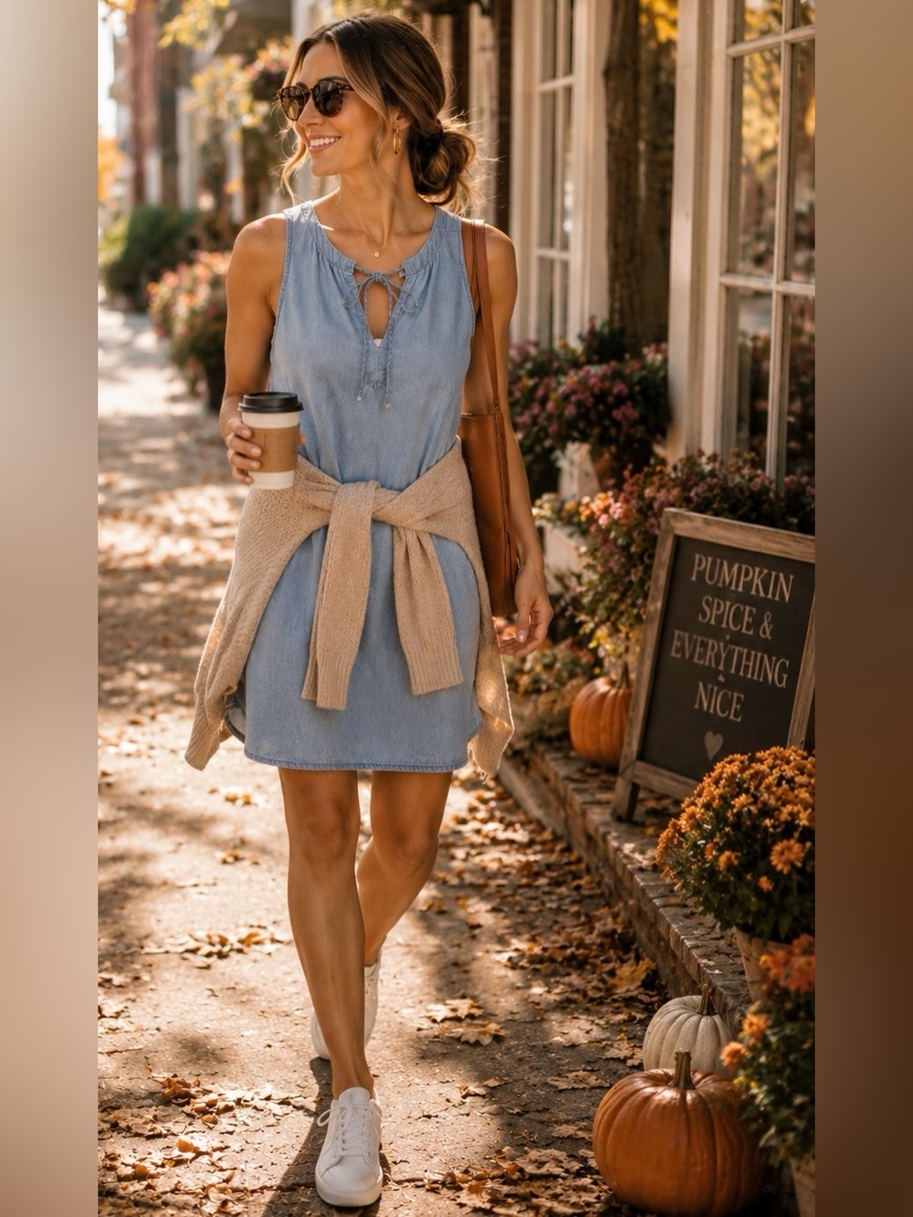 Old Navy Chambray Shift Dress Blue Denim Tie Neck XS Casual Coastal Fall